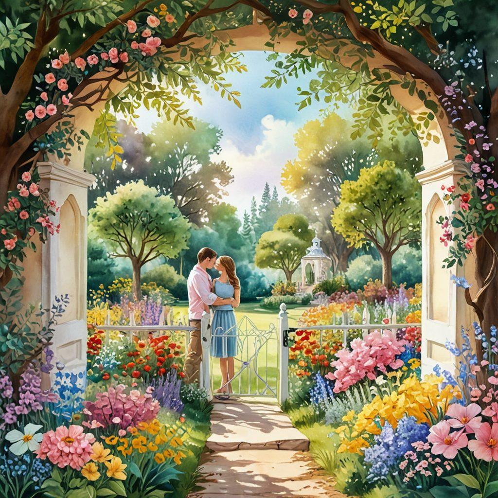 A large, open heart-shaped keyhole revealing a vibrant garden symbolizing unconditional love, with a diverse group of people sharing joyful moments together. Soft glowing light streams through the keyhole, illuminating their faces, reflecting warmth and connection. The background features colorful flowers and gentle trees, creating a serene atmosphere. watercolor painting style. soft pastel colors. dreamy and romantic.