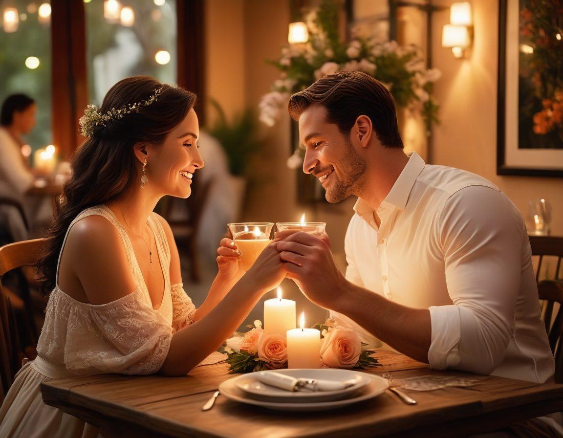 A warm and inviting scene depicting a couple engaging in a heartfelt conversation over a candlelit dinner, surrounded by soft, romantic lighting and delicate flowers. Include subtle elements like intertwined hands and shared laughter to signify connection and romance. The background should feature a cozy restaurant atmosphere, creating an intimate setting. super-realistic. warm colors. soft focus.