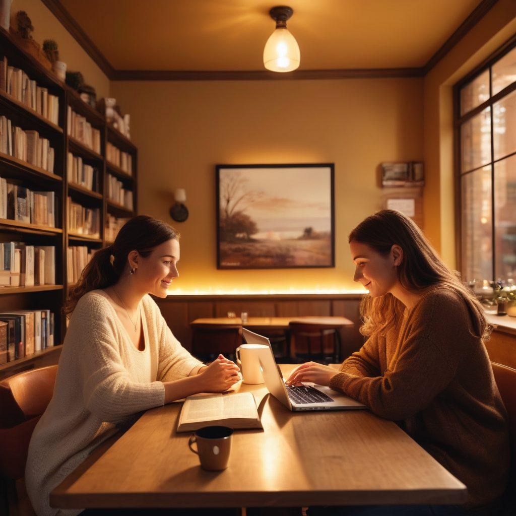 A warm and inviting scene depicting two people engaging in a deep conversation in a cozy coffee shop, surrounded by books and resources on relationship building. Soft, golden lighting highlights their expressions of joy and understanding, while an open laptop on the table displays the blog title. Include elements symbolizing connection, like intertwined hands or heart shapes subtly blended into the background. super-realistic. warm tones. cozy atmosphere.